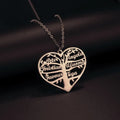 Custom name necklace with hollow heart and tree of life pendant in silver, gold, or rose gold finish.