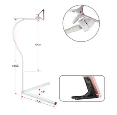 Black mobile phone bed bracket with adjustable overhead arm holding smartphone