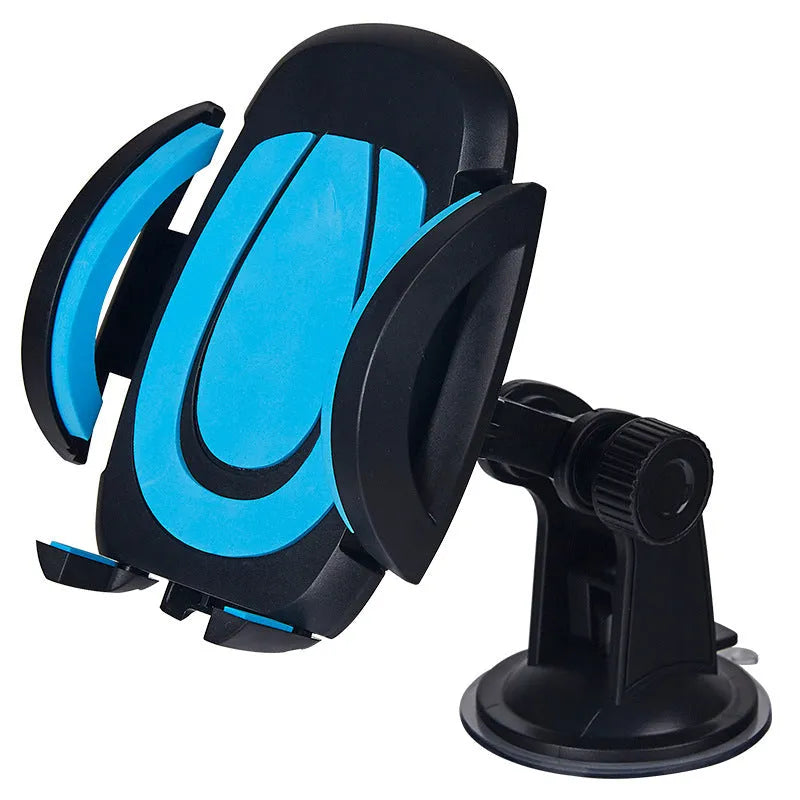Red ABS car phone holder with U-shaped bracket and suction cup mount on a dashboard.