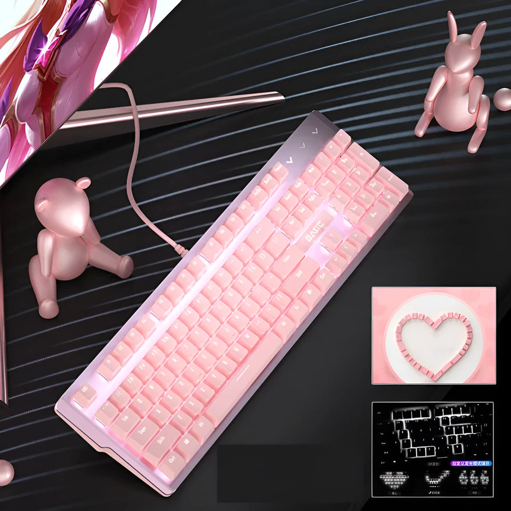 Pink colour 104-key mechanical keyboard with wired USB cable