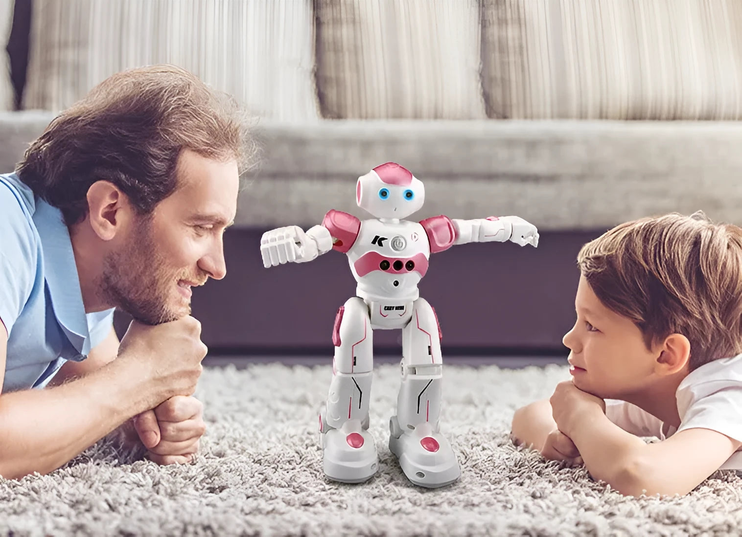 Blue remote control smart robot toy with gesture sensing and dance functions on a white background