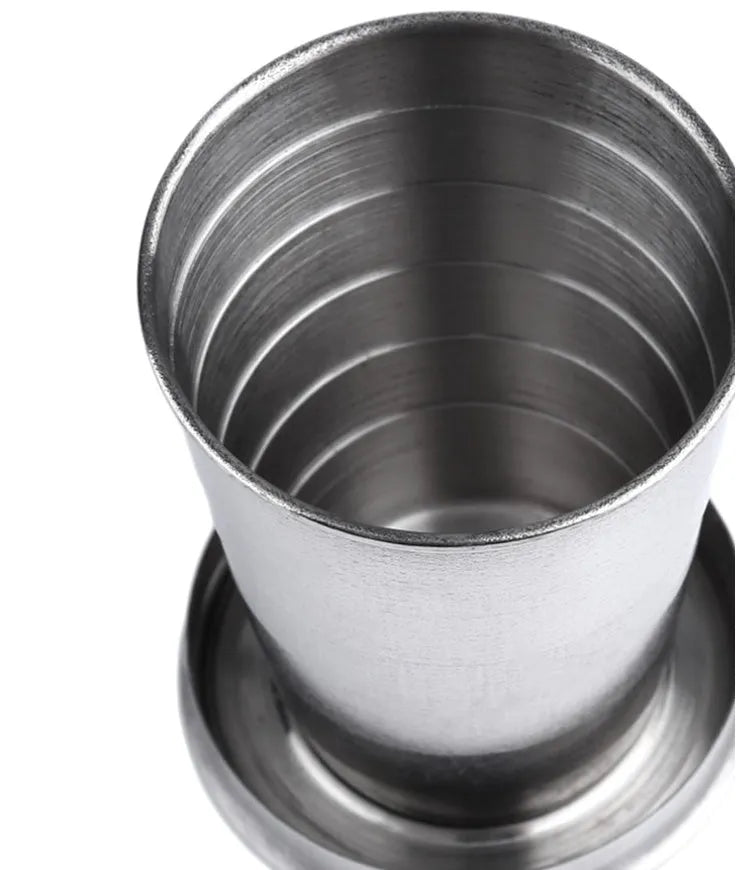 Silver stainless steel collapsible travel cup with key ring, folded and expanded views