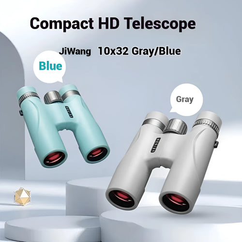 Blue or grey coloured 10x32 compact binoculars with wine red film imaging.