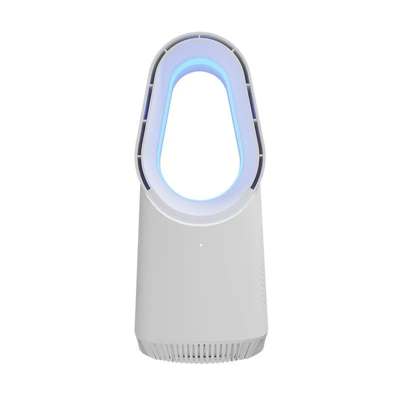 White bladeless tower fan with touch screen controls and remote for home or office use
