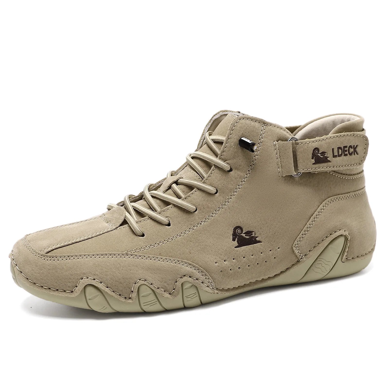 Men's khaki high-top ankle boots with round toe and flat heel on a white background.