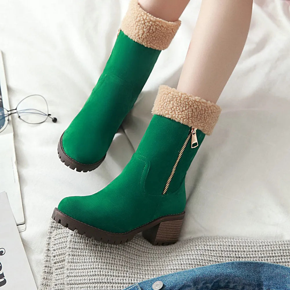 Black waterproof rubber snow boots with a thick sole and plush lining.