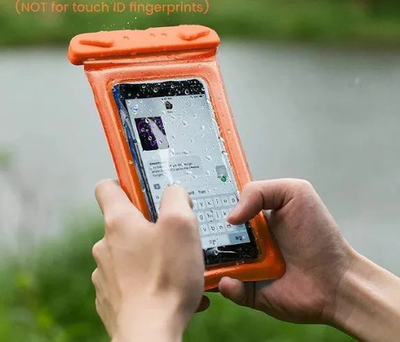 Orange waterproof phone pouch with a black ABS switch and long white neck rope.