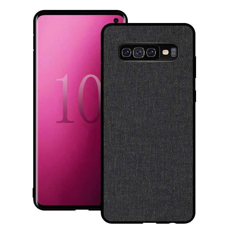 Canvas patterned mobile phone case for Samsung Galaxy models on a table.