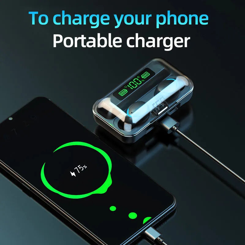 In-ear wireless Bluetooth headset in black, charging case with battery display for Apple, auto-pairing model