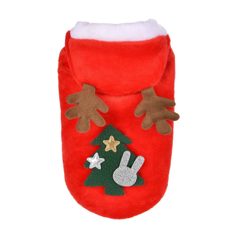 Red flannel Santa dog costume for small dogs with coat design, shown on a pet, sizes XS to XL