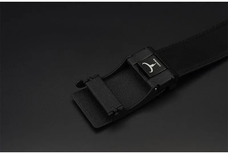 Men's two-layer cowhide leather belt with square alloy pin buckle in black finish