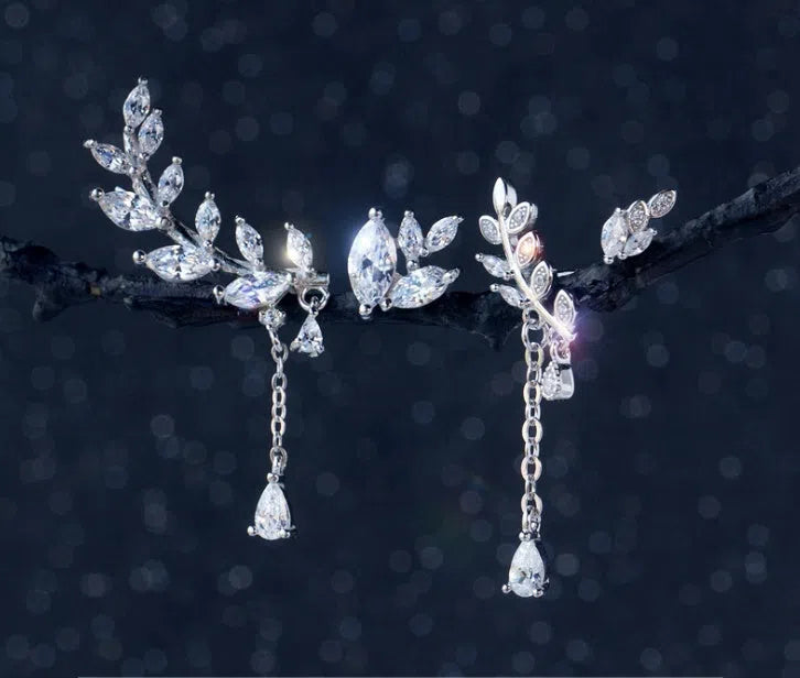 Pair of 925 silver asymmetrical leaf drop earrings with plated finish in large and small S925 silver sizes for women