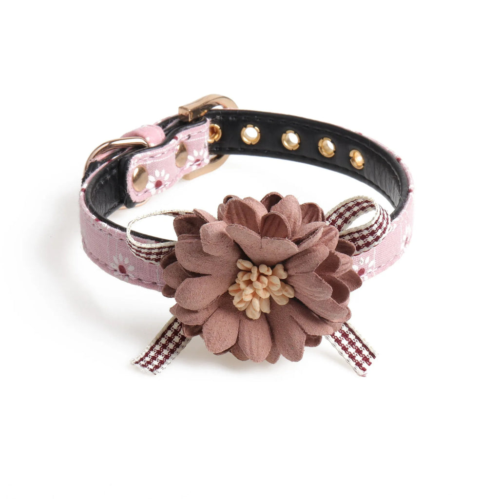 Pink PU dog collar with adjustable buckle and matching traction rope on a light background