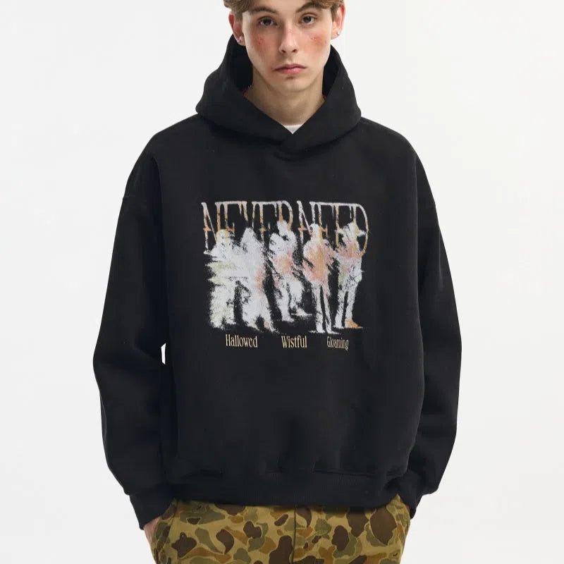 Men's cotton hooded sweatshirt with blurred portrait print, loose fit pullover in black or grey, sizes S to 2XL