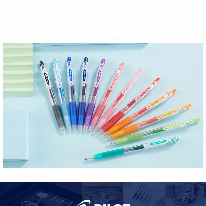 Set of six Direct Juice Baiguole 0.5mm gel pens showing metallic gold, silver, and pastel coloured barrels.