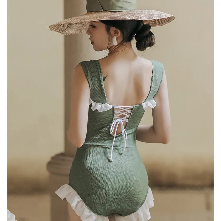 Korean style high waist one-piece swimsuit in quick-drying polyester fabric