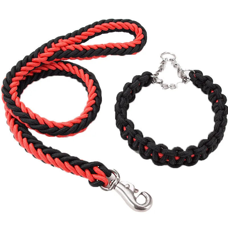 Heavy duty nylon braided dog collar and leash set in black, with 360-degree rotatable hook, for training and walking large dogs.