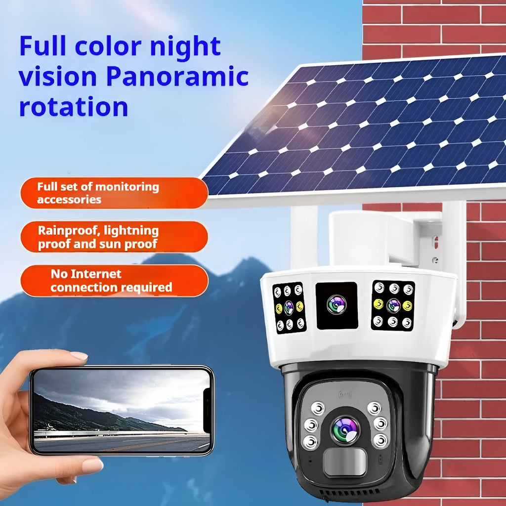 Solar-powered binocular outdoor surveillance camera with three screens and solar panel