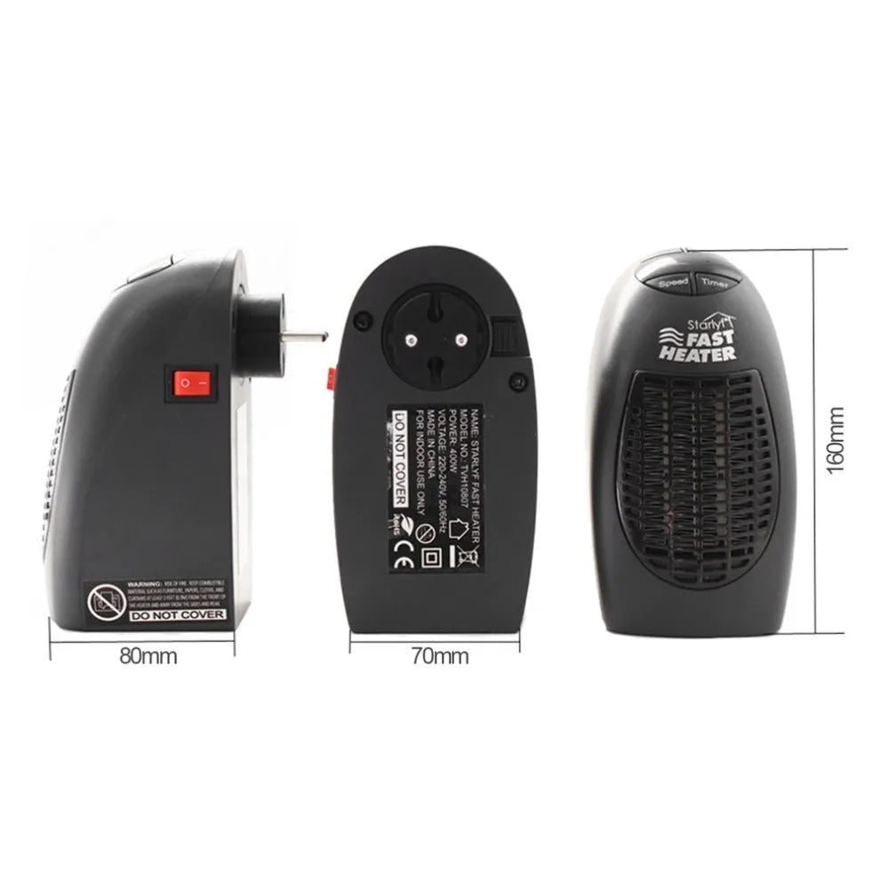 Black mini electric ceramic heater with digital display and a rotating three-prong plug on a desk.