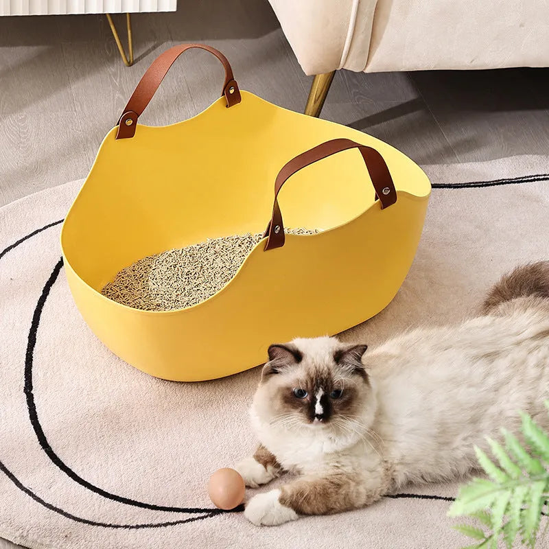 Open portable cat litter tray in grey plastic, 51x36x24cm, on floor with litter inside