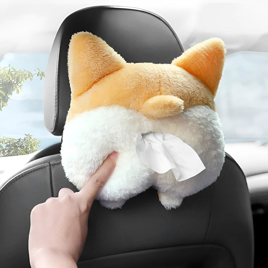 Yellow soft plush Corgi butt shaped tissue box cover for car sun visor and home