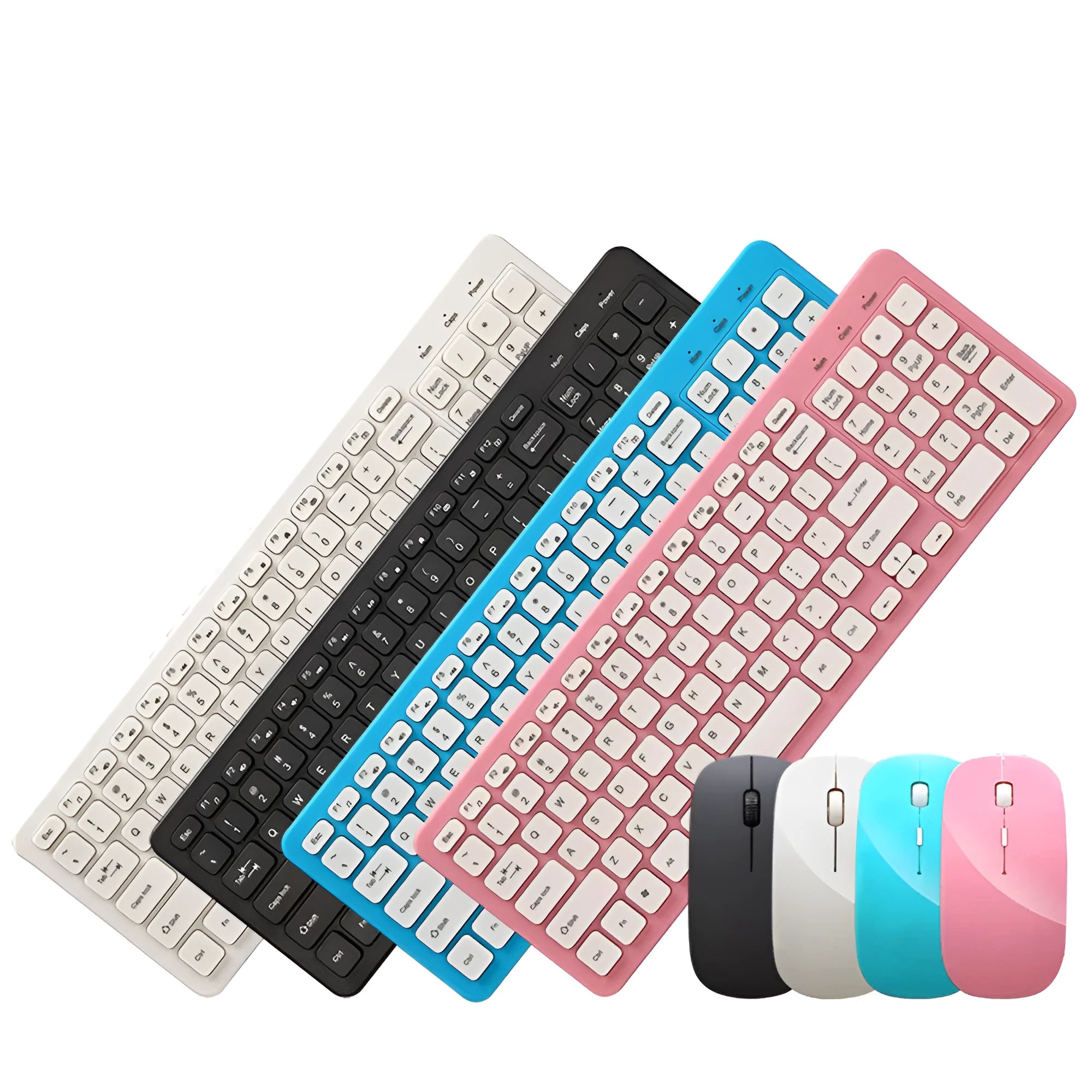 Wireless keyboard and mouse set in blue colour showing compact keyboard and mouse with USB receiver.