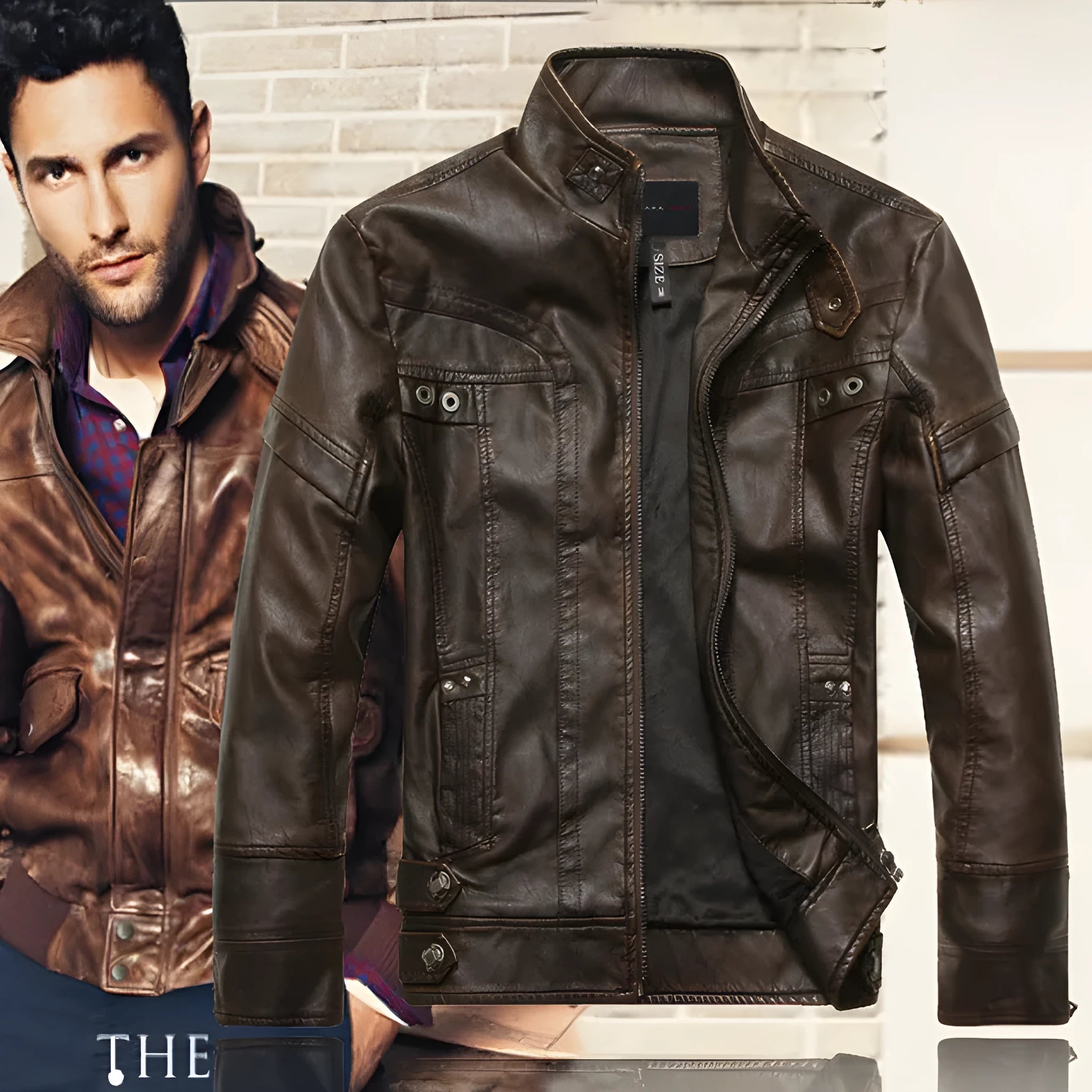 Men's faux leather biker jacket in black, brown, and coffee colours, available in sizes L to 5XL