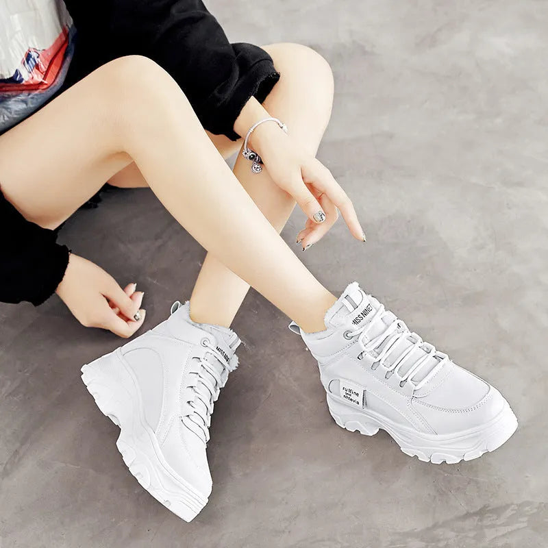 Thickened sneakers with flat thick sole, microfiber upper, round toe, and elastic band in beige colour