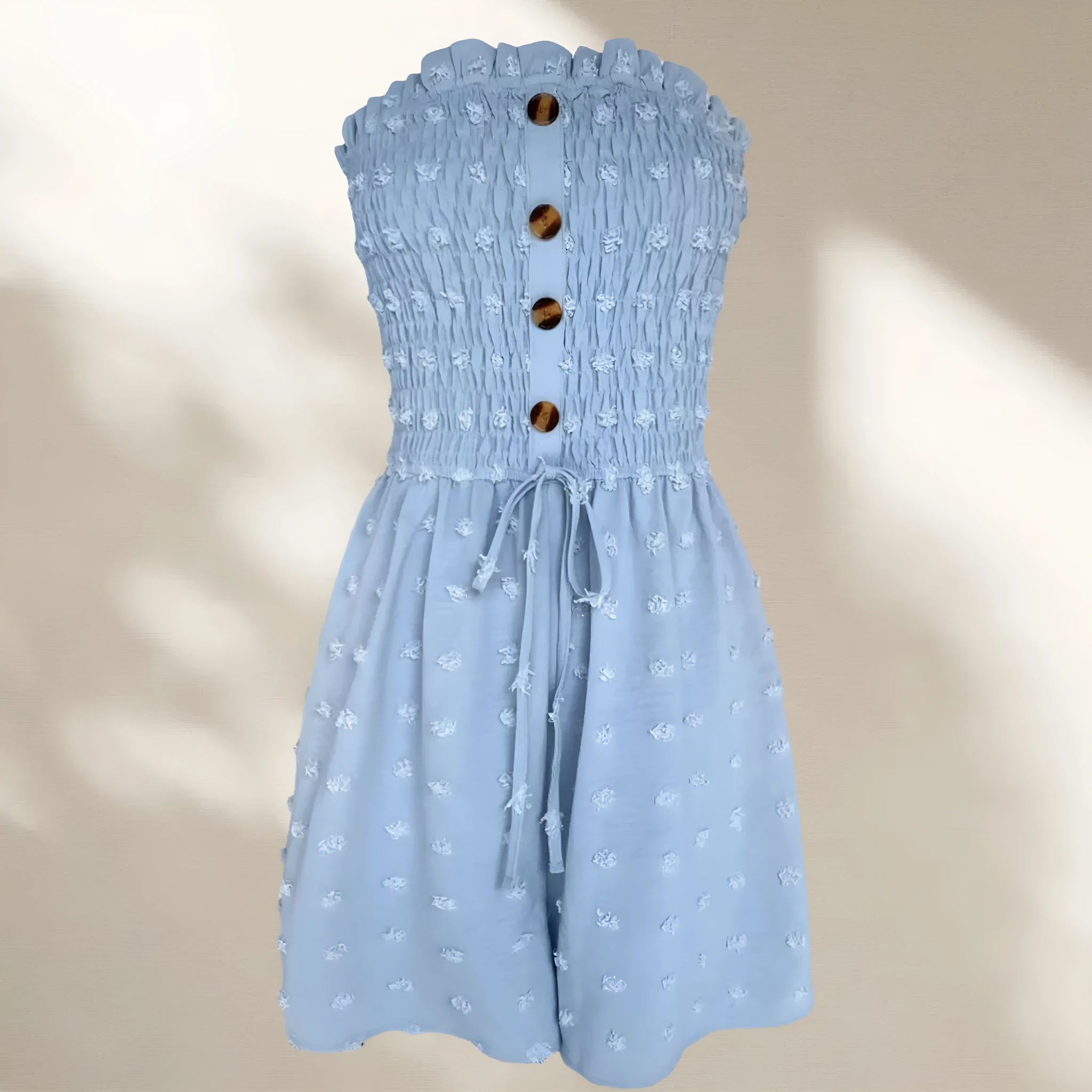 Women's off-shoulder sleeveless jumpsuit in blue polyester with button detail and mid-waist ankle-length design