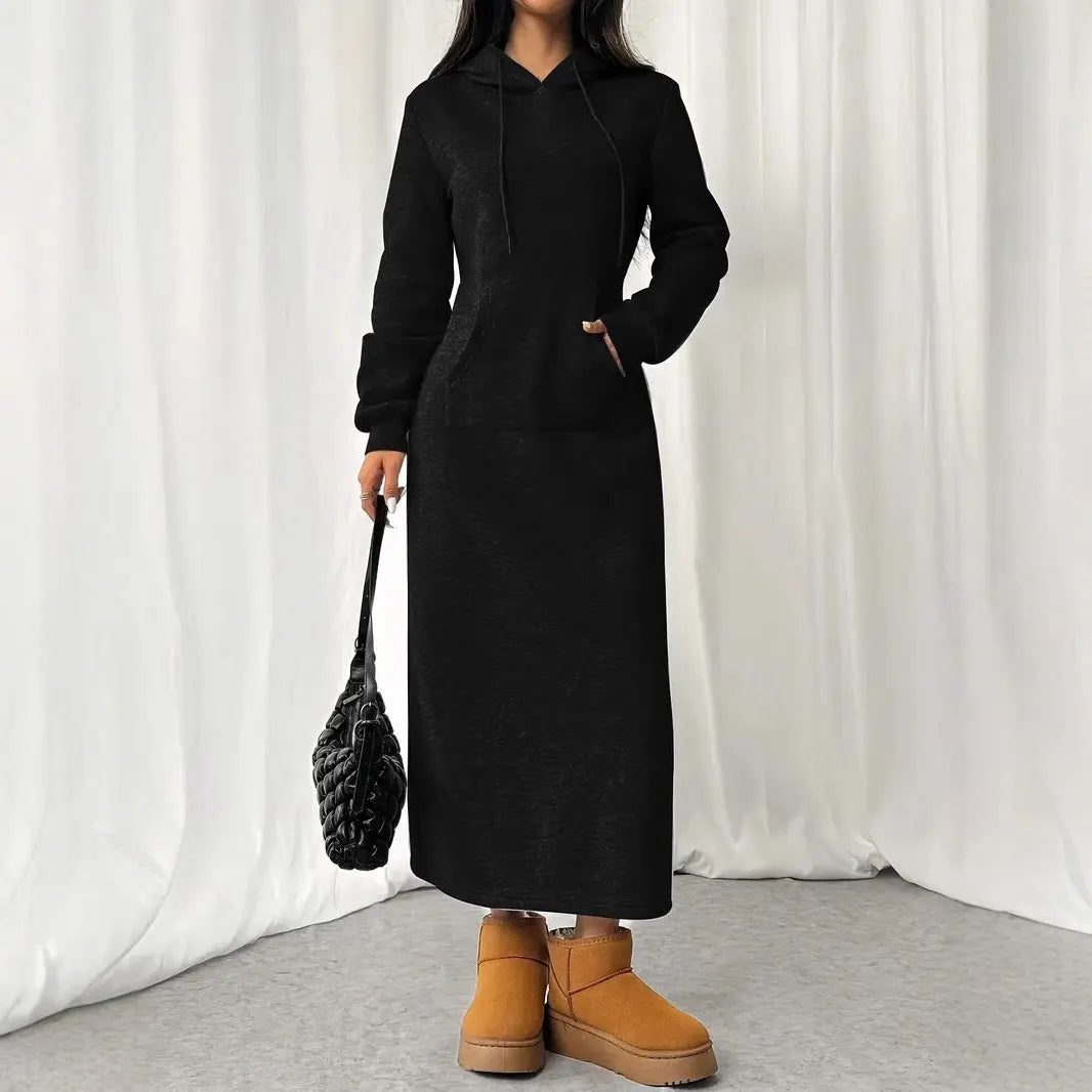 Women's casual long sleeve hoodie dress with drawstring waist and side pockets in solid colour