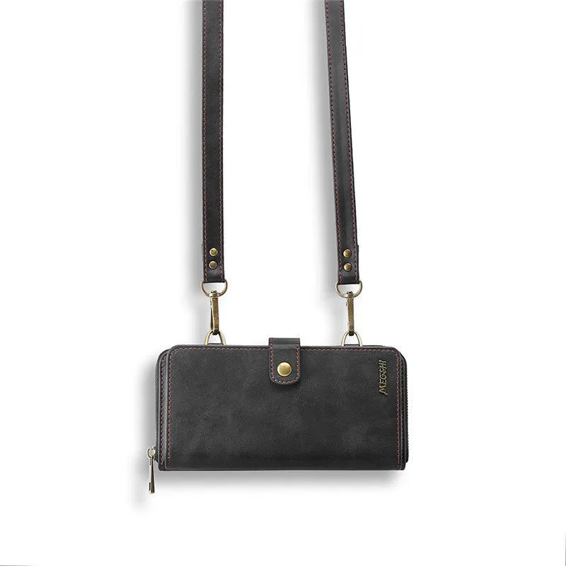 Black leather flip phone case with a detachable wallet backpack, shown open next to a smartphone.