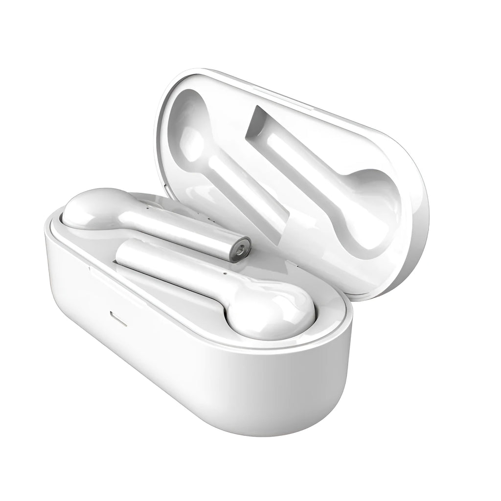 Black and white touch control wireless earbuds with a charging case on a white background