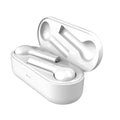Black and white touch control wireless earbuds with a charging case on a white background