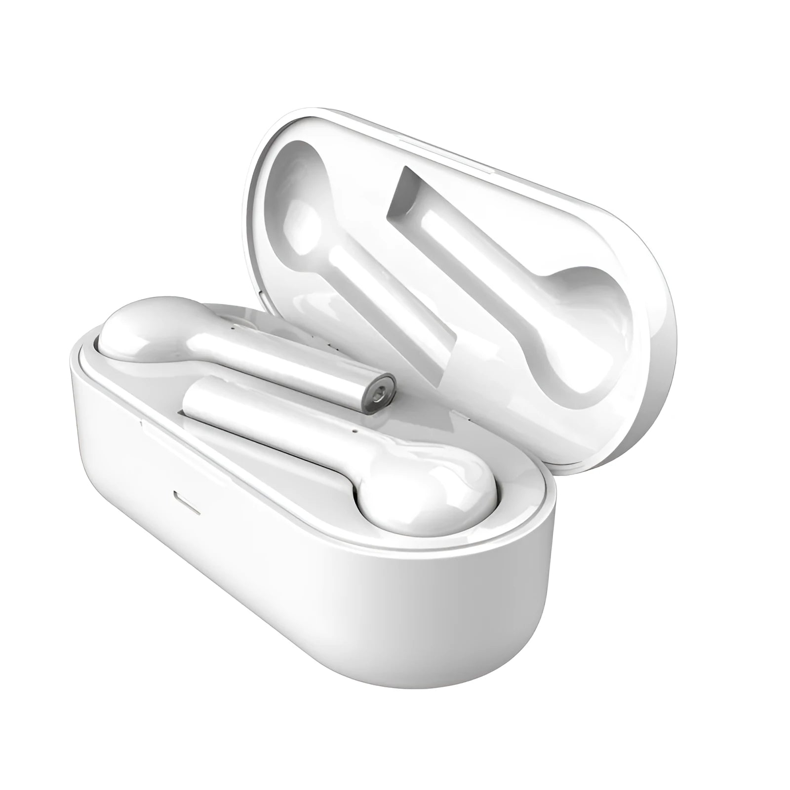 Black and white touch control wireless earbuds with a charging case on a white background