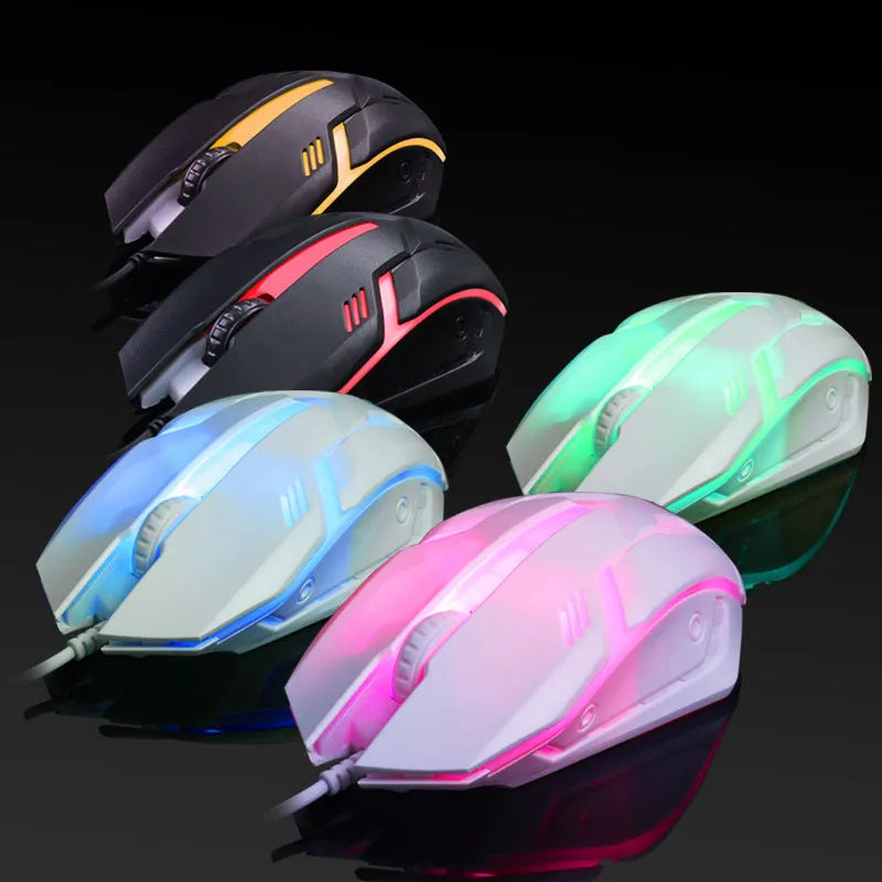 Black and white wired computer mouse with colourful luminous glow effect and USB cable