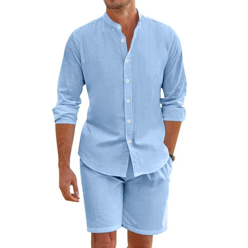 Men's hemp blend summer shirt suit two-piece set with lapel top and drawstring shorts