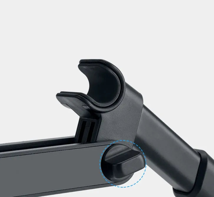 Black universal car phone holder mounted on rear seat base with tablet secured in clamp