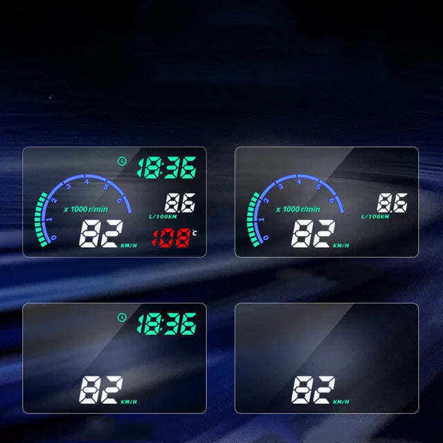 Black car head up display with 5.5-inch LED screen on dashboard showing speed and fuel data