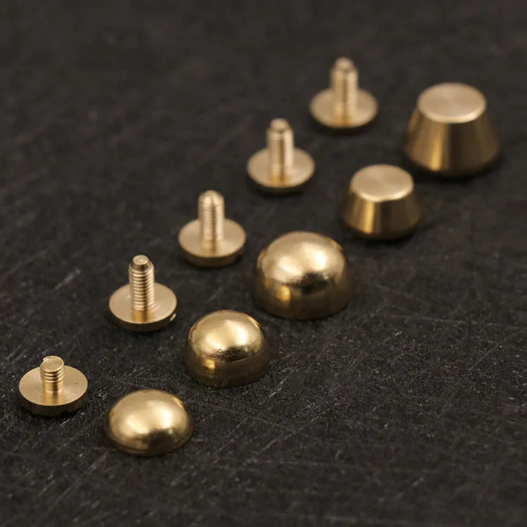 Brass decorative buckle showing round and bucket foot nail styles in 10x6mm and 12x7mm sizes