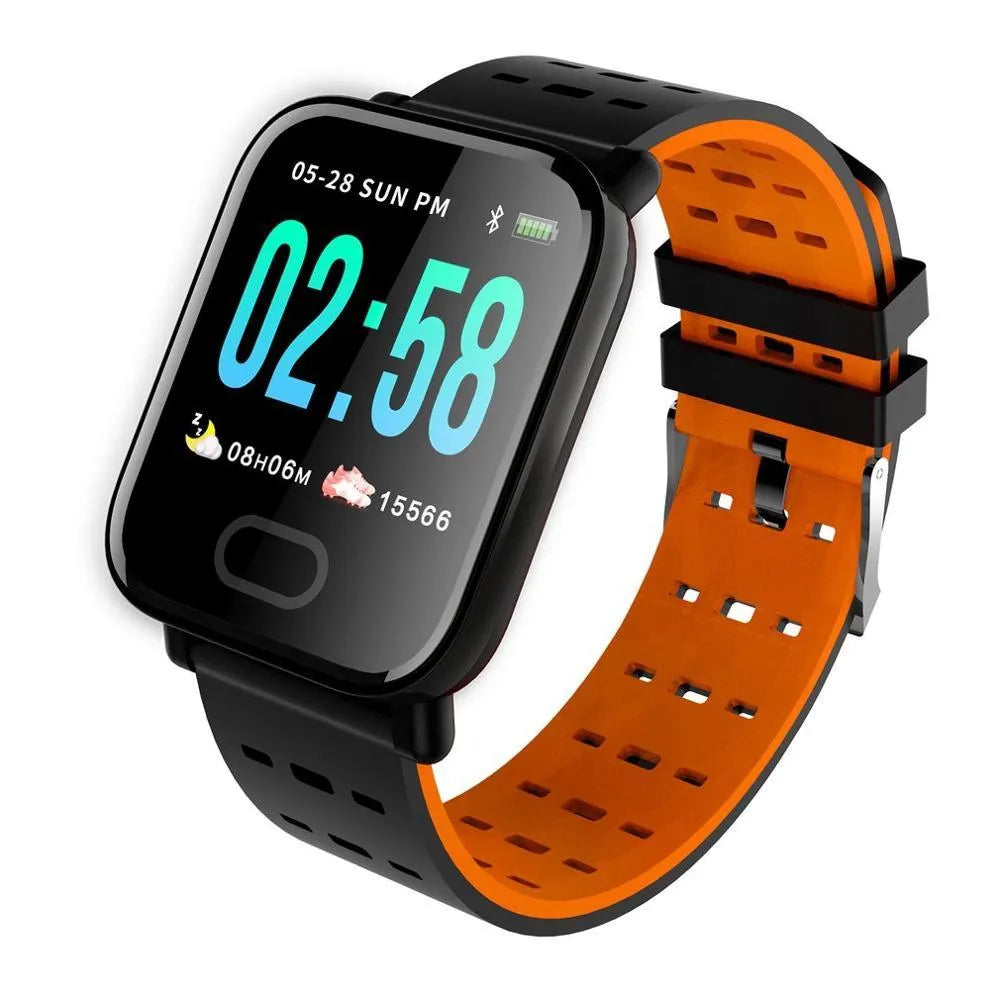 A6 smart fitness bracelet with colour touchscreen and black silicone strap on a wrist