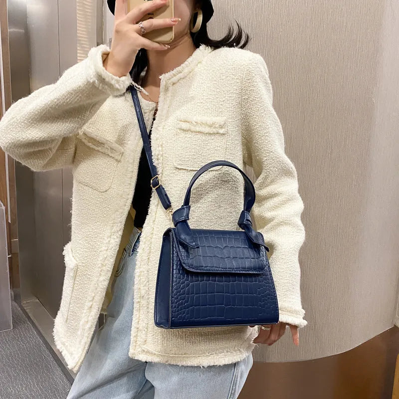 Women's small square retro armpit bag in black with stone pattern PU exterior and magnetic buckle
