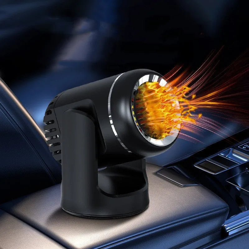 Black and white 12V car heater and defroster with hot cold warm settings for vehicle use
