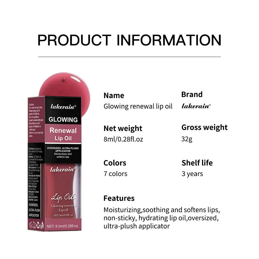 Lip gloss tube showing seven colour options including coral, honey, jam, pink, red, and rose variants