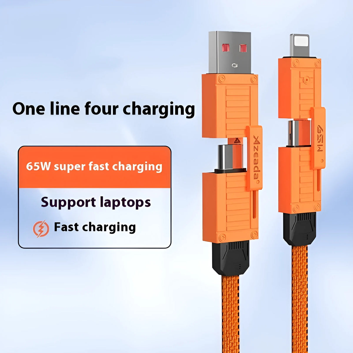 65W woven data cable 1.5m with Lightning and Type-C connectors, two-drag-two design, available in black white orange