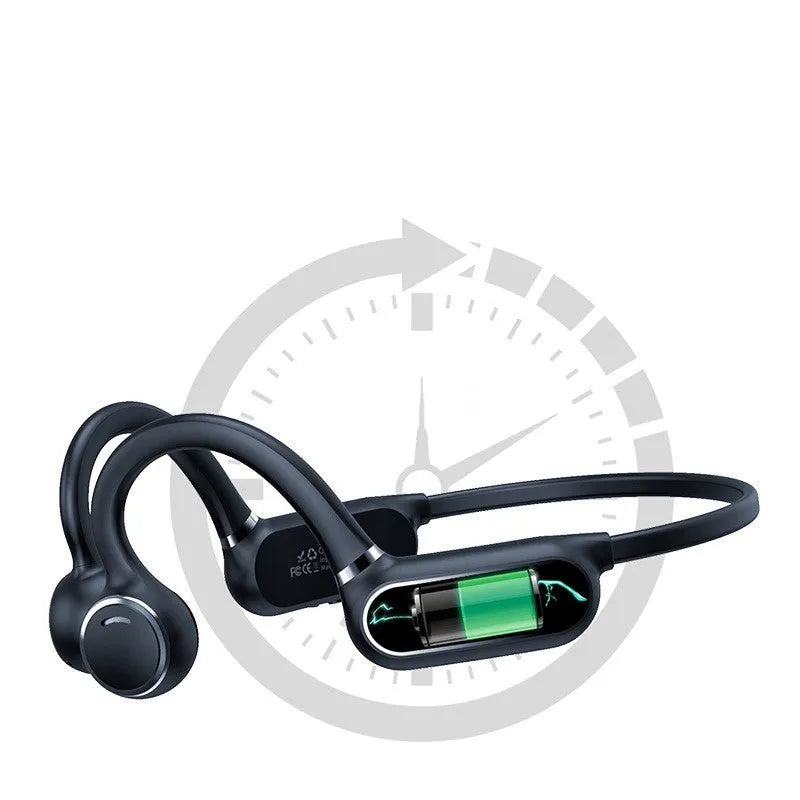 Black air conduction wireless earphones with an over-ear hook design and titanium alloy frame.