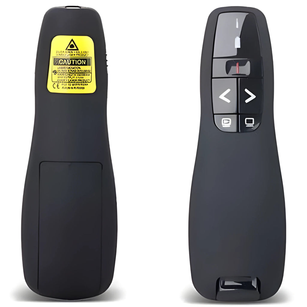 2.4GHz wireless presentation remote with laser pointer and USB receiver storage, 11.2cm length