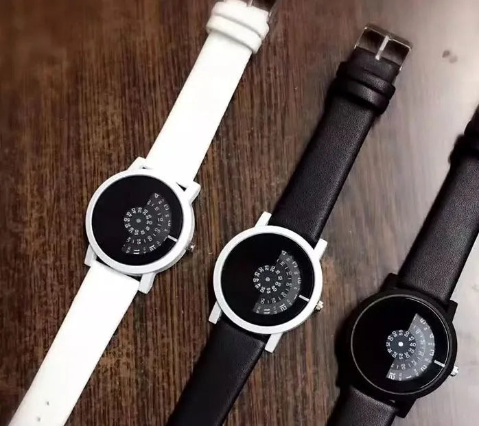 Quartz watch with turntable dial, imitation leather strap, black white colour, 39.5mm diameter