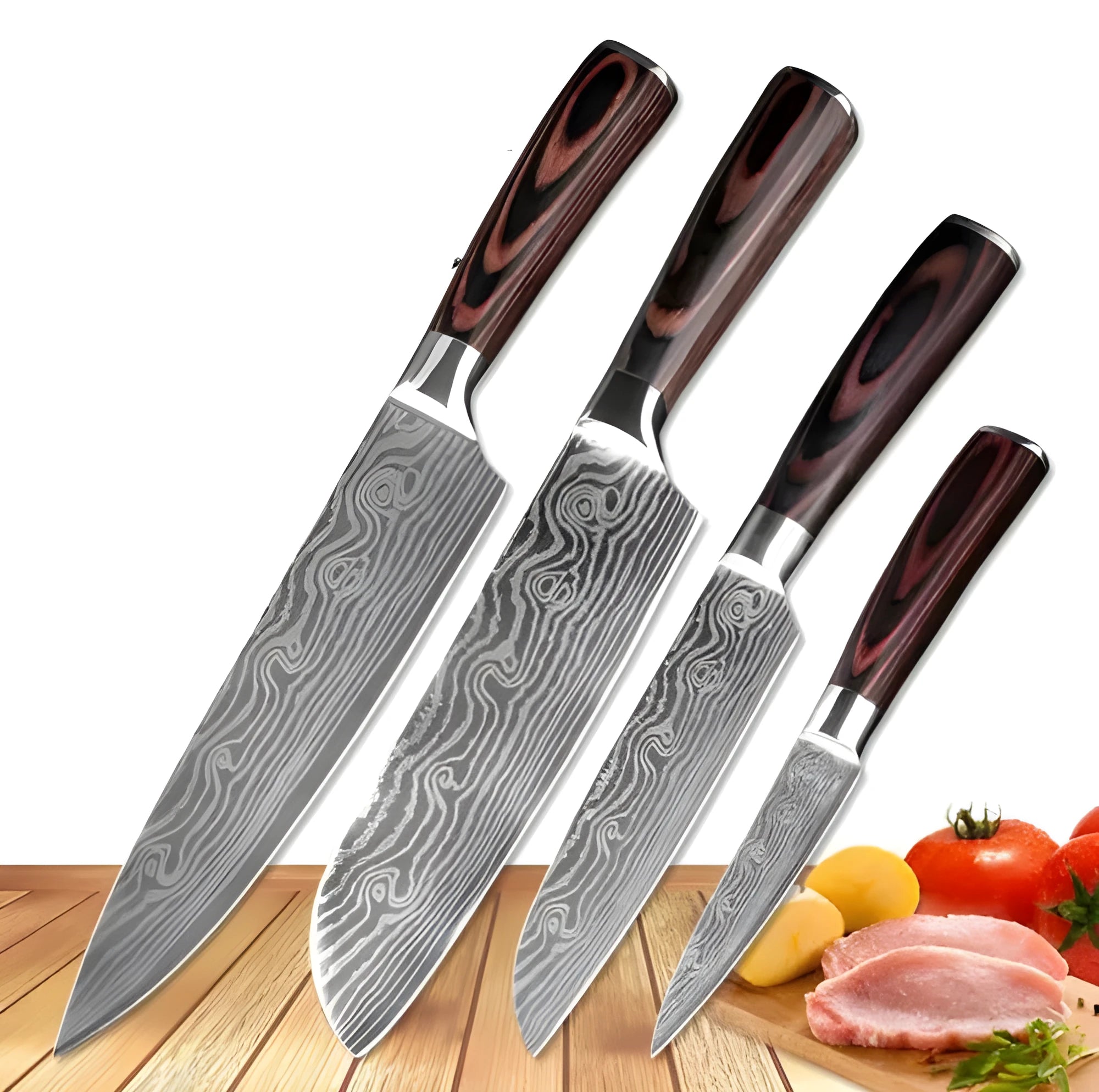 7Cr17 stainless steel kitchen knife with Damascus pattern blade and coloured wood handle on a cutting board.