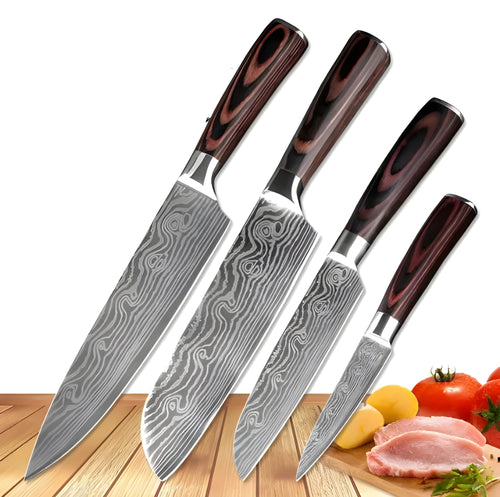 7Cr17 stainless steel kitchen knife with Damascus pattern blade and coloured wood handle on a cutting board.