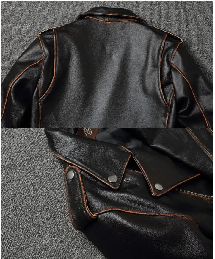 Harley's cowhide leather motorcycle jacket for men, black, short length, skinny fit, with lapel collar and zipper front